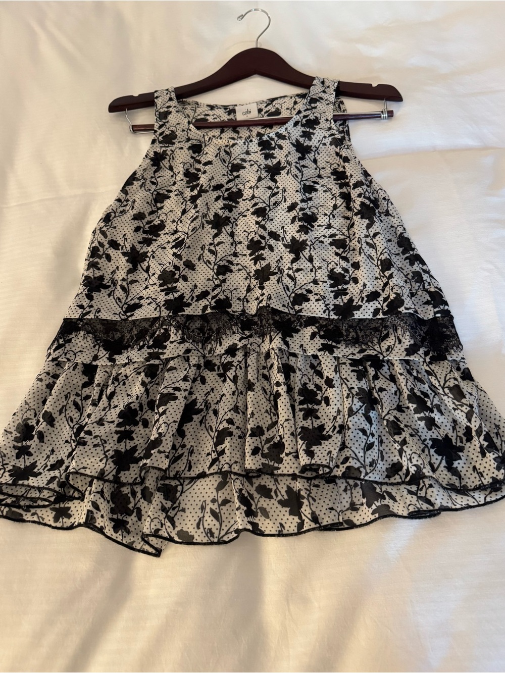 CAbi Black and White Floral Lace-Trim Tank